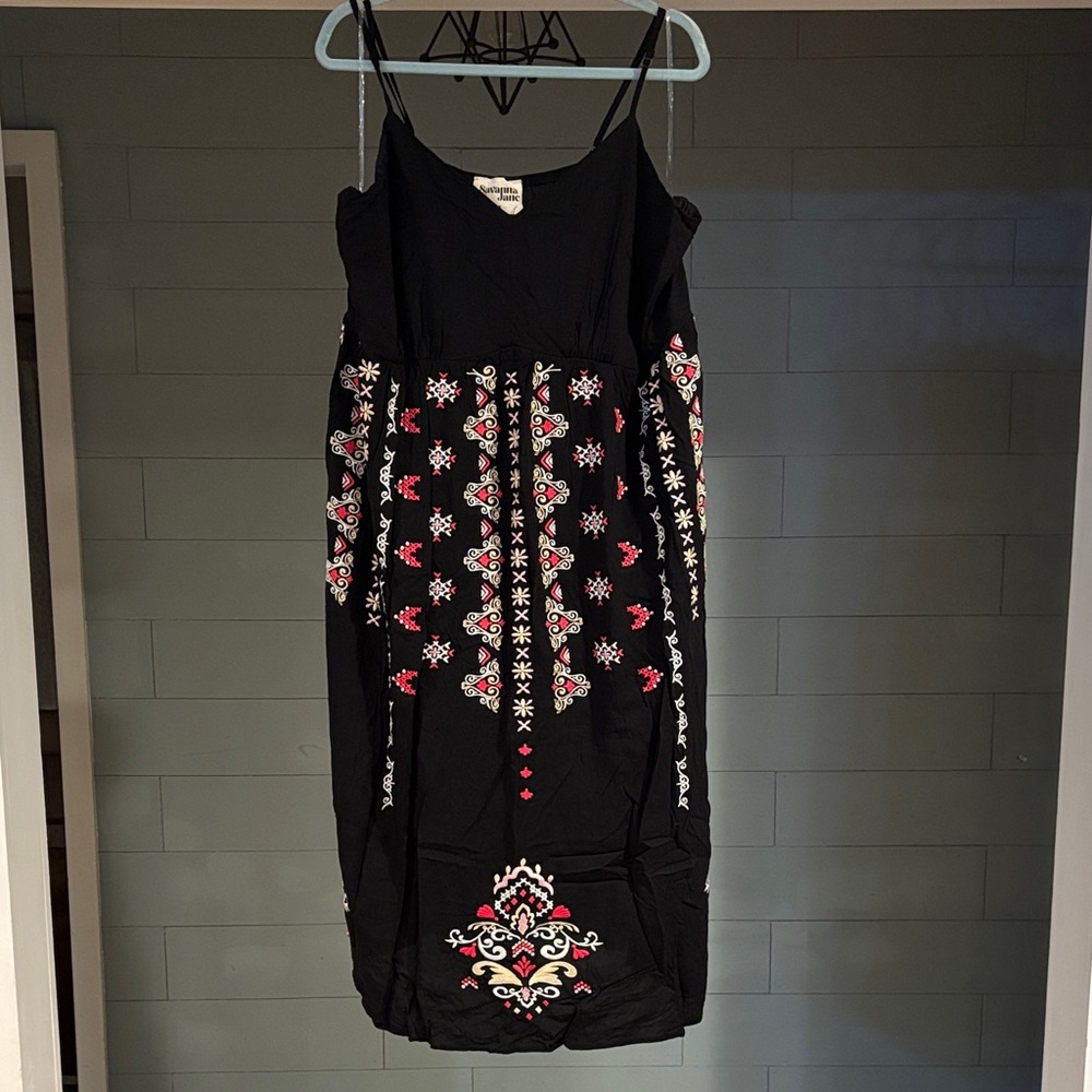 NWT Savanna Jane Black Dress with Pink and White Embroidery
